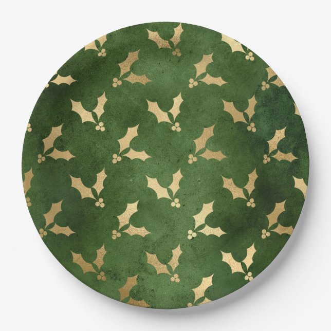 Glam Green Gold Holly Christmas Paper Plate (Front)