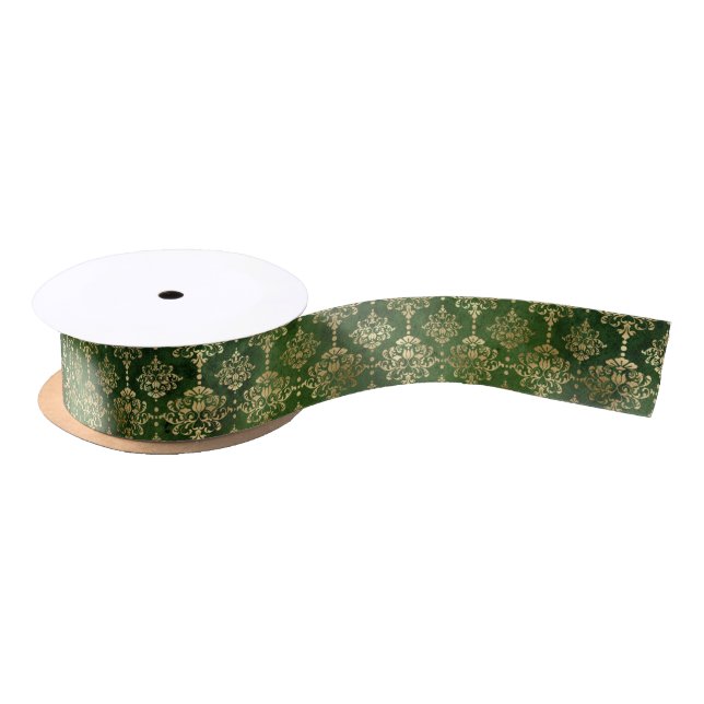 Glam Green Gold Pattern Christmas Satin Ribbon (Spool)