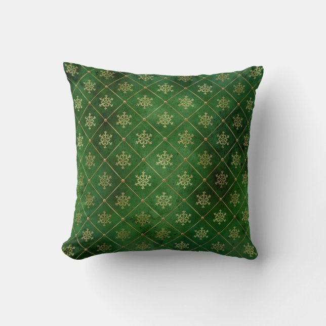 Glam Green Gold Snowflakes Christmas Cushion (Front)