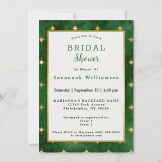 Glam Green Gold Stars Bridal Shower Invitation