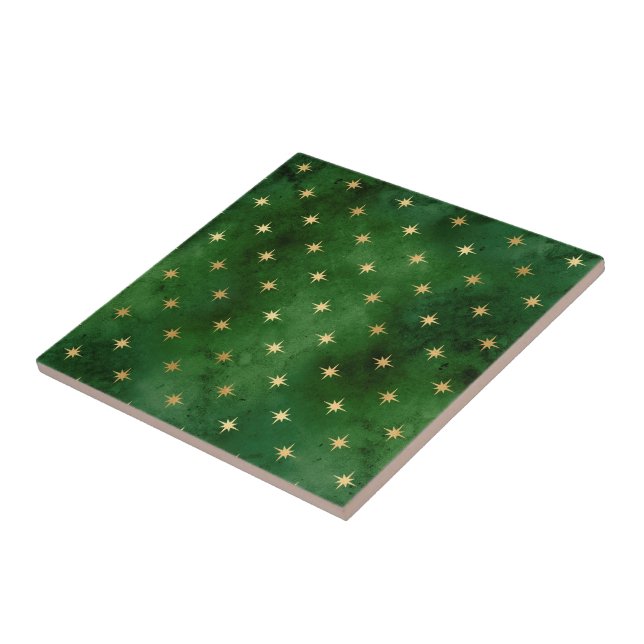 Glam Green Gold Stars Christmas Ceramic Tile (Side)