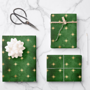 Glam Green Gold Stars Christmas Wrapping Paper Sheet
