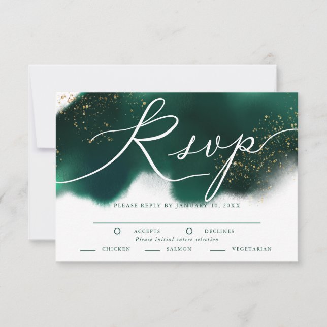 Glam Green Gold Wedding RSVP with Meal Choice (Front)