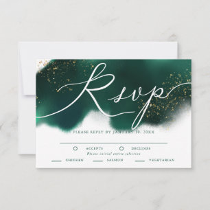 Glam Green Gold Wedding RSVP with Meal Choice Card