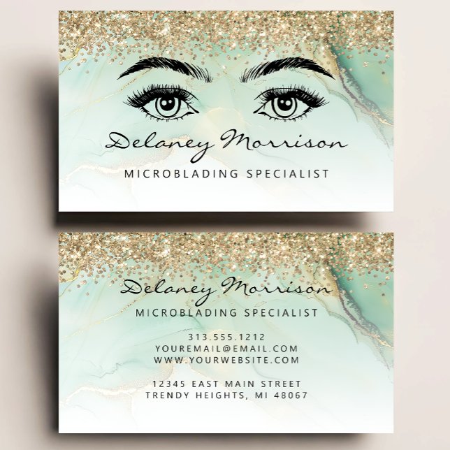 Glam Green Marble Gold Glitter Eyes Microblading Business Card (Creator Uploaded)
