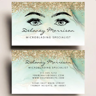 Glam Green Marble Gold Glitter Eyes Microblading Business Card