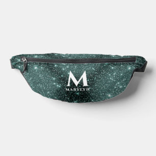 Glam Green Shiny Glitter With Classy Typo Monogram Bum Bags