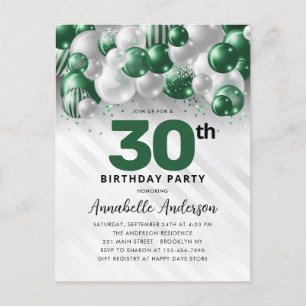 Glam Green Silver Balloon Glitter 30th Birthday  Postcard