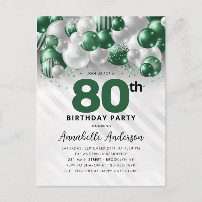 Glam Green Silver Balloon Glitter 80th Birthday  Postcard (Front)