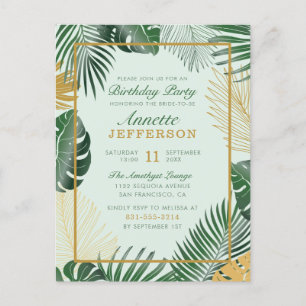 Glam Green Tropical Leaves Modern Birthday Party Invitation Postcard