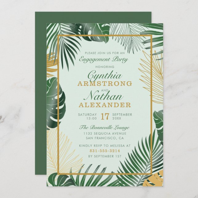 Glam Green Tropical Leaves Trendy Engagement Party Invitation (Front/Back)