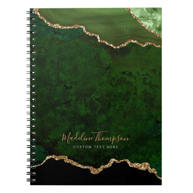 Glam Green Velvet Agate Geode Gold Script Notebook (Front)