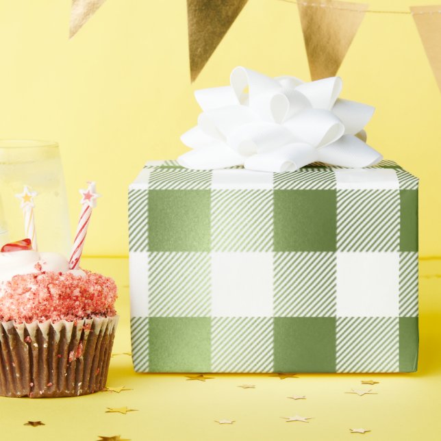 Glam Green White Buffalo Plaid Wrapping Paper (Birthday Party)