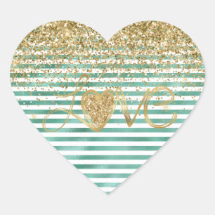 Glam Green White Stripes Gold Glitter Heart Love Heart Sticker