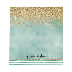 Glam Green White Stripes Gold Glitter Notepad