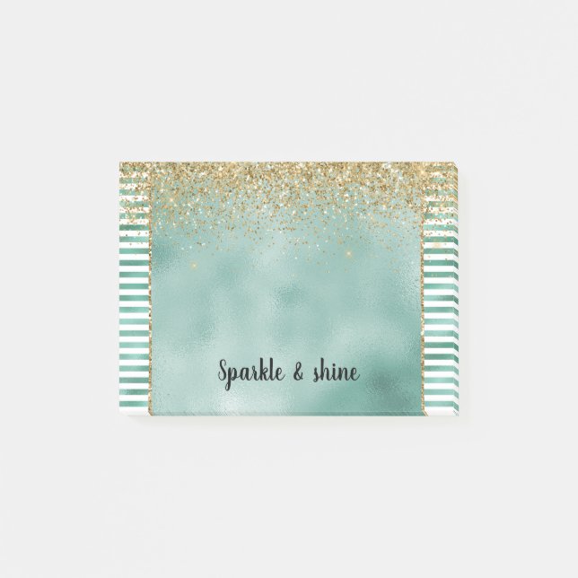 Glam Green White Stripes Gold Glitter Post-it Notes (Front)