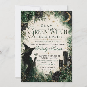 Glam Green Witch Cocktail Birthday Party Invitation