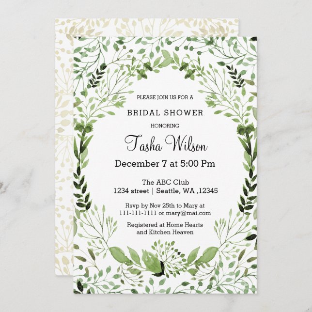 Glam Greenery Bridal Shower invitations (Front/Back)