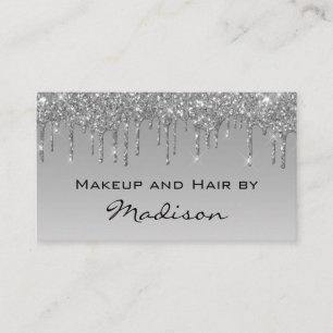 Glam Grey Silver Glitter Drips Makeup Artist Business Card