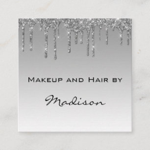 Glam Grey Silver Glitter Drips Makeup Artist Square Business Card