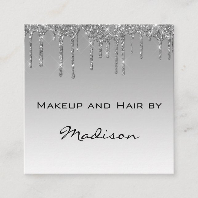 Glam Grey Silver Glitter Drips Makeup Artist Square Business Card (Front)