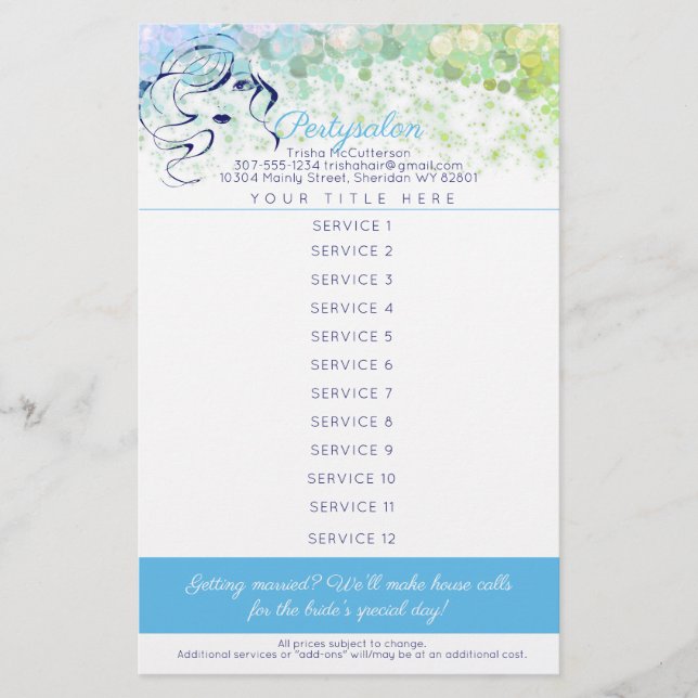 Glam hair stylist makeup salon services price list flyer (Front)