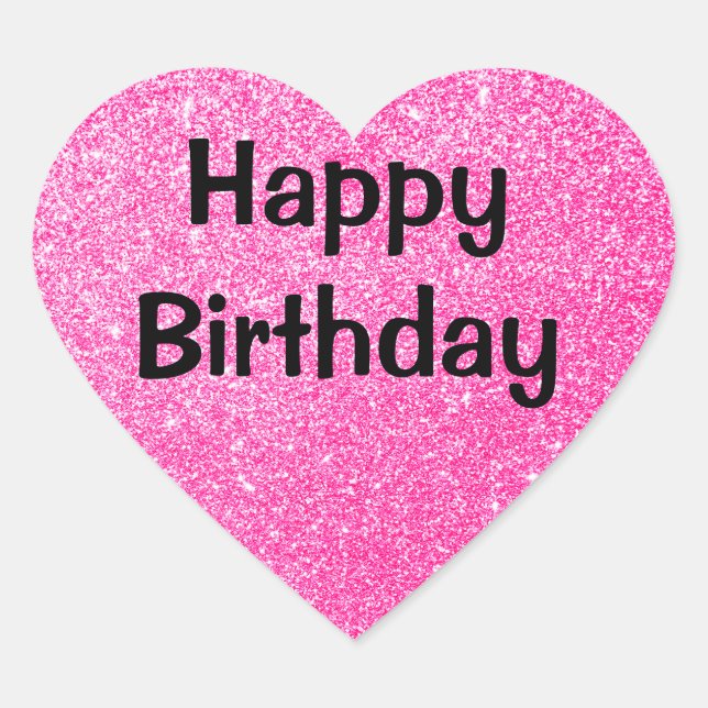 Glam Happy Birthday Black Hot Pink Glitter Sparkle Heart Sticker (Front)