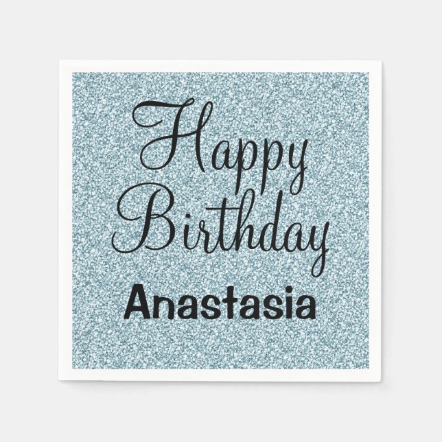 Glam Happy Birthday Blue Silver Glitter Sparkles Napkin (Front)