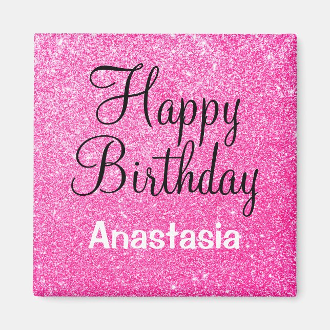 Glam Happy Birthday Hot Pink Glitter Sparkle Name Magnet (Front)