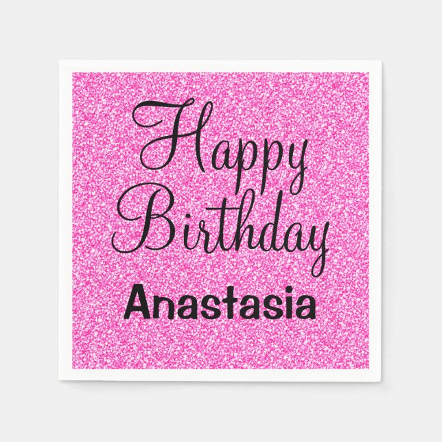 Glam Happy Birthday Hot Pink Glitter Sparkle Name Napkin (Front)