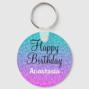 Glam Happy Birthday Ombre Pink Blue Purple Glitter Key Ring