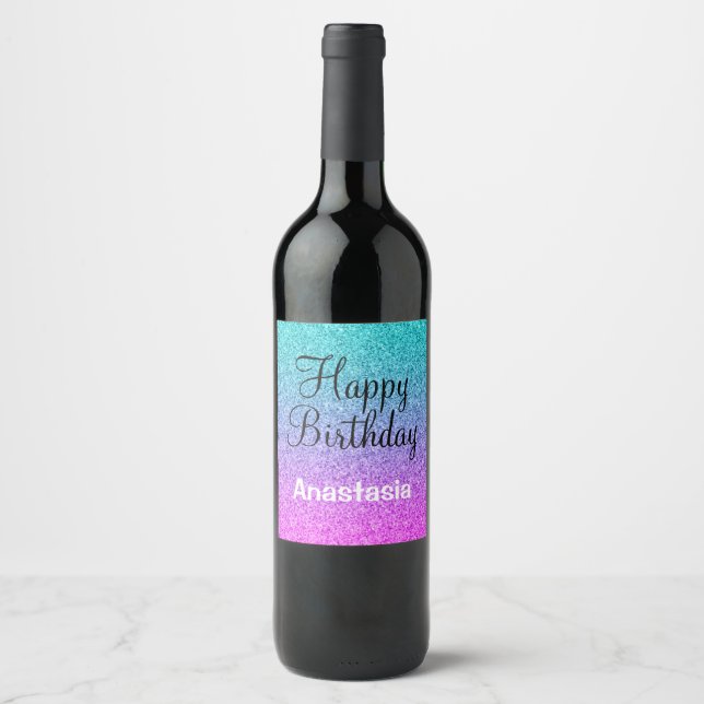 Glam Happy Birthday Ombre Pink Blue Purple Glitter Wine Label (Front)