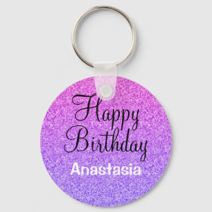 Glam Happy Birthday Ombre Purple Glitter Sparkles Key Ring