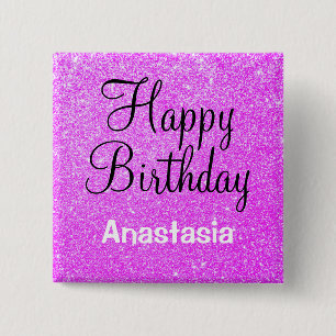 Glam Happy Birthday Purple Glitter Sparkle Name 15 Cm Square Badge