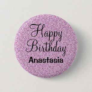 Glam Happy Birthday Purple Glitter Sparkle Name 6 Cm Round Badge