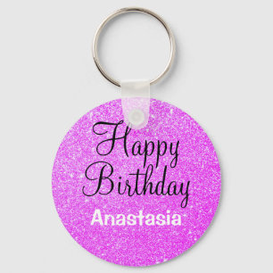 Glam Happy Birthday Purple Glitter Sparkle Name Key Ring