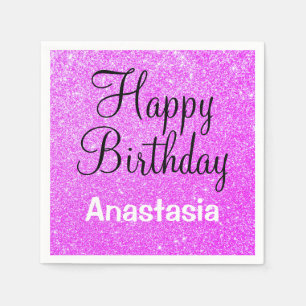 Glam Happy Birthday Purple Glitter Sparkle Name Napkin
