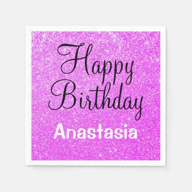 Glam Happy Birthday Purple Glitter Sparkle Name Napkin (Front)