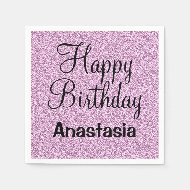 Glam Happy Birthday Purple Glitter Sparkle Name Napkin (Front)