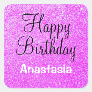 Glam Happy Birthday Purple Glitter Sparkle Name Square Sticker
