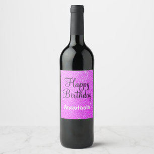 Glam Happy Birthday Purple Glitter Sparkle Name Wine Label