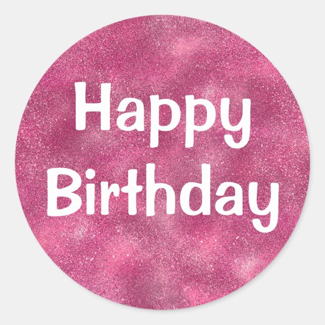 Glam Happy Birthday White Purple Glitter Sparkles Classic Round Sticker (Front)