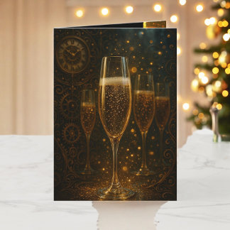 Glam Happy New Year Steampunk Champagne  Holiday Card