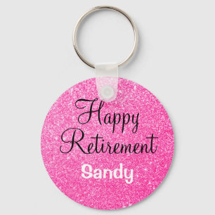 Glam Happy Retirement Hot Pink Glitter Sparkle Key Ring