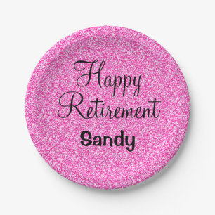 Glam Happy Retirement Hot Pink Glitter Sparkle Paper Plate