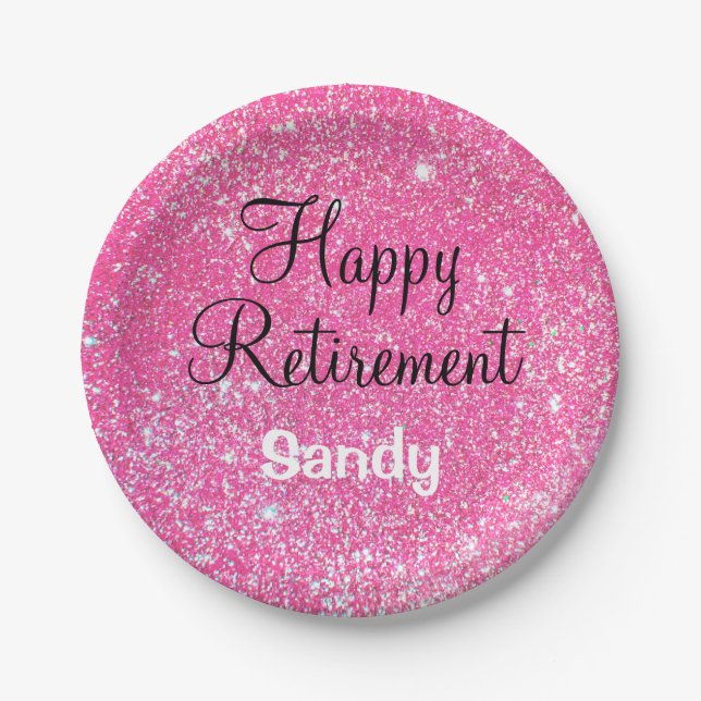 Glam Happy Retirement Hot Pink Glitter Sparkle Paper Plate (Front)