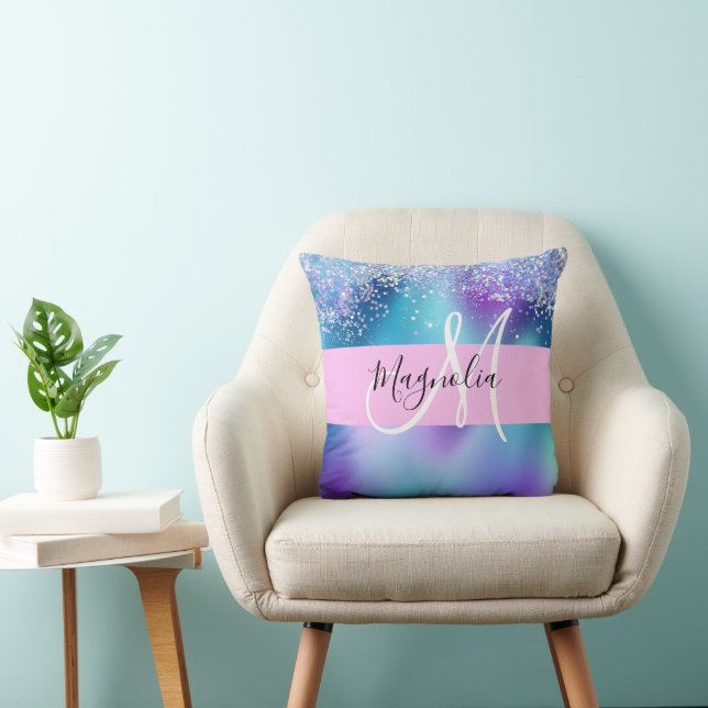 Glam Holographic Mermaid Glitter Sparkle Monogram Cushion (Chair)