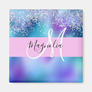 Glam Holographic Mermaid Glitter Sparkle Monogram Magnet
