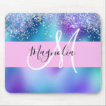 Glam Holographic Mermaid Glitter Sparkle Monogram Mouse Pad<br><div class="desc">Glam holographic mermaid glitter sparkles monogram name and initial mouse pad. Your custom name and monogram are written in an elegant hand lettered script with a light pink background. You can change the text colour and font style and size using the customise option.</div>