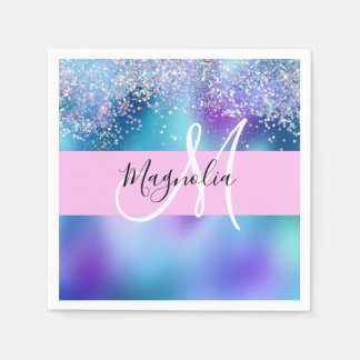 Glam Holographic Mermaid Glitter Sparkle Monogram Napkin